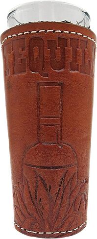 Needzo Brown Leather Shot Glass Holder with Decorative Bottom, Carved Tequila Bottle, Collectible Adult Drinking Glasses, Cowboy-Themed Home Bar Decorations, 1 Ounce in Kuwait
