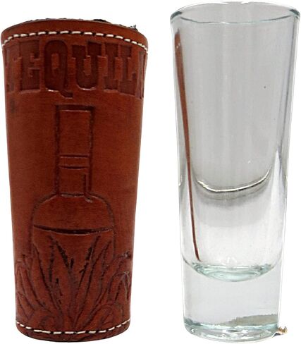 Needzo Brown Leather Shot Glass Holder with Decorative Bottom, Carved Tequila Bottle, Collectible Adult Drinking Glasses, Cowboy-Themed Home Bar Decorations, 1 Ounce in Kuwait