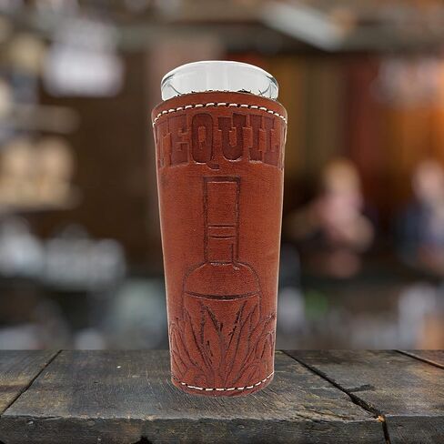 Needzo Brown Leather Shot Glass Holder with Decorative Bottom, Carved Tequila Bottle, Collectible Adult Drinking Glasses, Cowboy-Themed Home Bar Decorations, 1 Ounce in Kuwait