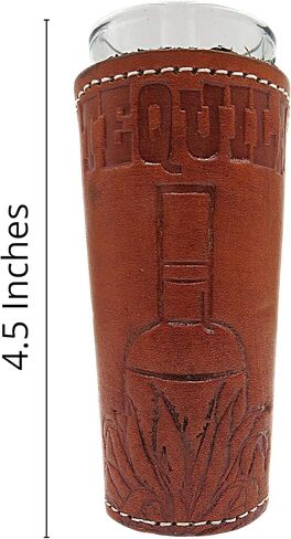 Needzo Brown Leather Shot Glass Holder with Decorative Bottom, Carved Tequila Bottle, Collectible Adult Drinking Glasses, Cowboy-Themed Home Bar Decorations, 1 Ounce in Kuwait