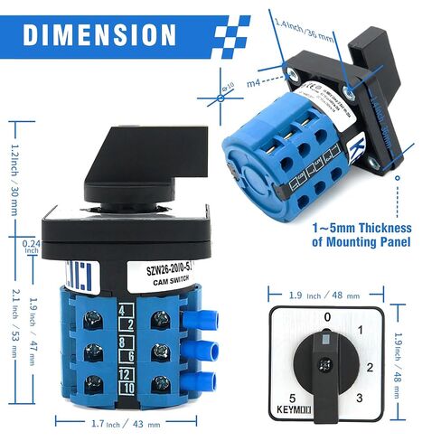 مفتاح تحويل دوار 20 أمبير، 5 اتجاهات 3NO 3NC 660V 6 أوضاع 3 مراحل 12 طرفية، مفتاح محدد عالمي مع أطراف شوكة زرقاء، SZW26-20/0-5.3 in Kuwait