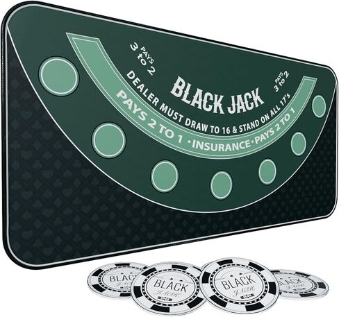 Blackjack Mat 70" x 35" Blackjack Table Top Mat 21 Black Jack Mat for Casino Table Rubber Poker Mat with Storage Bag 6 Coasters for Casino Games in Kuwait