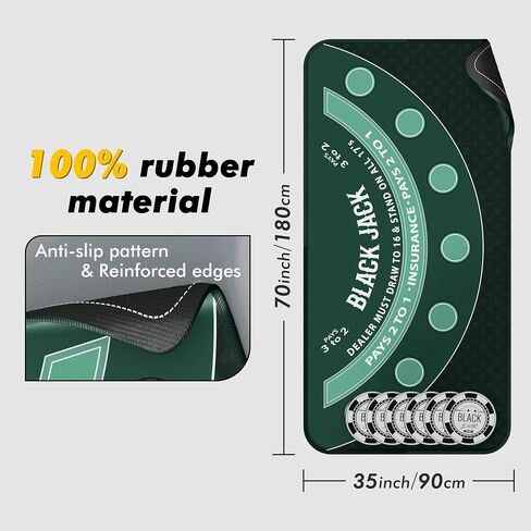 Blackjack Mat 70" x 35" Blackjack Table Top Mat 21 Black Jack Mat for Casino Table Rubber Poker Mat with Storage Bag 6 Coasters for Casino Games in Kuwait