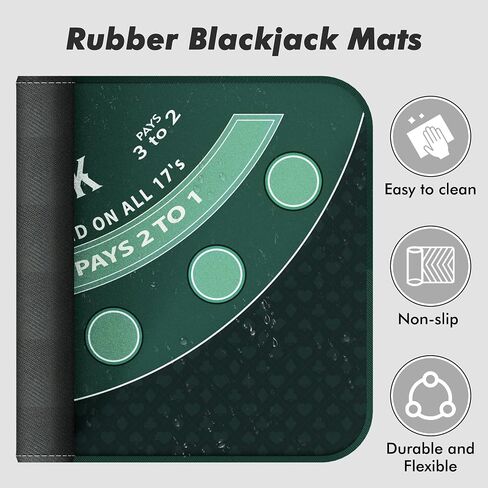 Blackjack Mat 70" x 35" Blackjack Table Top Mat 21 Black Jack Mat for Casino Table Rubber Poker Mat with Storage Bag 6 Coasters for Casino Games in Kuwait