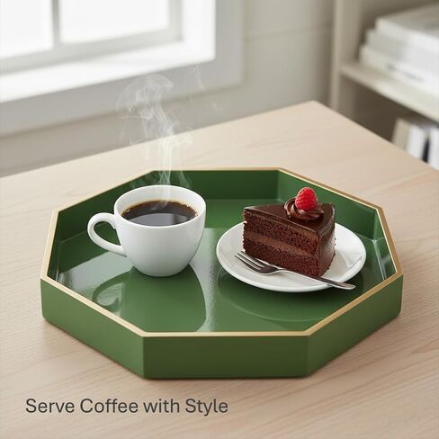 PEMAR 12.2" Octagonal Lacquer Serving Tray Decorative Basket Tray for Breakfast, Dinner, Coffee Table Decor (Green) in Saudi Arabia