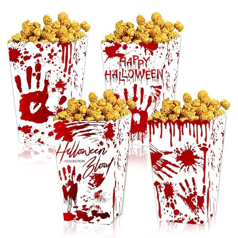 12 Pcs Popcorn Boxes Blood Handprint Halloween Party Movie Night Supplies Red White Disposable Paper Containers Decorations Accessories in Kuwait