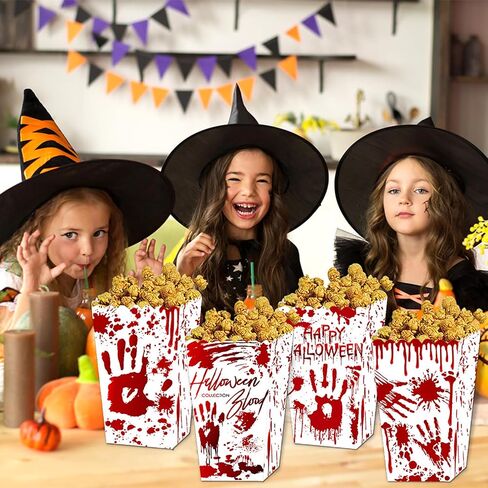 12 Pcs Popcorn Boxes Blood Handprint Halloween Party Movie Night Supplies Red White Disposable Paper Containers Decorations Accessories in Kuwait