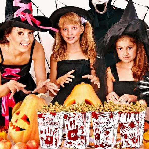 12 Pcs Popcorn Boxes Blood Handprint Halloween Party Movie Night Supplies Red White Disposable Paper Containers Decorations Accessories in Kuwait