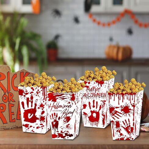 12 Pcs Popcorn Boxes Blood Handprint Halloween Party Movie Night Supplies Red White Disposable Paper Containers Decorations Accessories in Kuwait