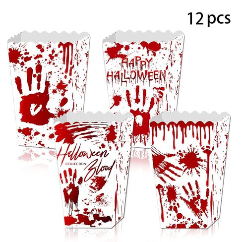 12 Pcs Popcorn Boxes Blood Handprint Halloween Party Movie Night Supplies Red White Disposable Paper Containers Decorations Accessories in Kuwait