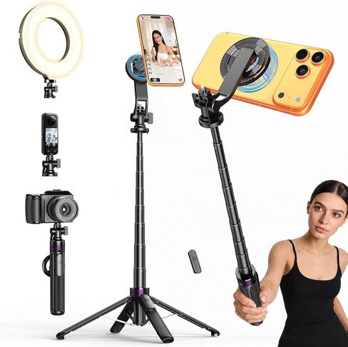 حامل ثلاثي مغناطيسي لهاتف iPhone مع برغي 1/4 بوصة، حامل ثلاثي القوائم MagSafe Selfie Stick مقاس 53 بوصة مع حلقة معدنية وجهاز تحكم عن بعد، حامل ثلاثي للهاتف وكاميرا ثابت بـ 4 أرجل لتسجيل الفيديو، وصالة الألعاب الرياضية، ومدونات الفيديو، وTikTok، والسفر، أس in Kuwait