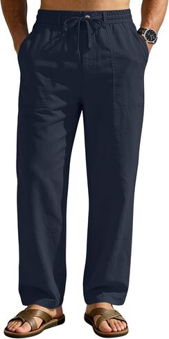 Mens Linen Pants Casual Elastic Waist Drawstring Pants Loose Straight Linen Pant Beach Trousers with 4 Pockets in Saudi Arabia