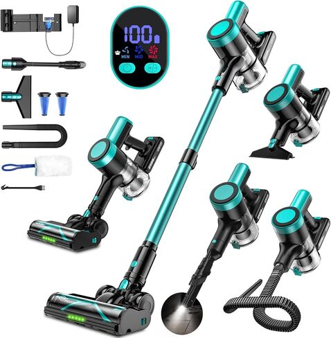 Cordless Vacuum Cleaner, 58Kpa 10 in 1 Vacuum Cleaners for Home, 55Mins Stick Vacuum with Self-Standing & LED Display, Anti-Tangle & Wall Mount Charging (Cyan) in Kuwait