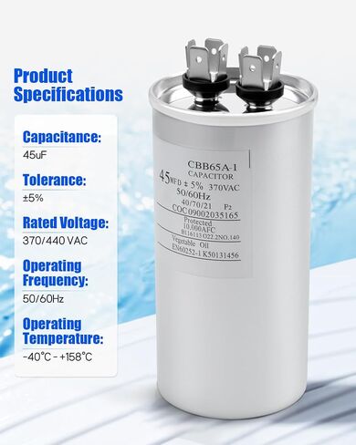 1499-5731 مكثف تشغيل دائري مزدوج 45μF MFD ±5% 370/440VAC مناسب لمحرك مروحة وحدة التيار المتردد in Kuwait