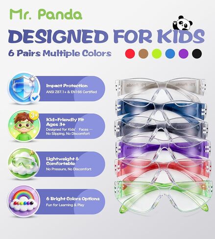 Mr. Panda 6-Pack Kids Safety Glasses, ANSI Z87.1 & EN166 Certified Youth Protective Eyewear, Scratch-Resistant, UV Protection, Lightweight for School, DIY & Outdoor Activities, Multicolor in Kuwait