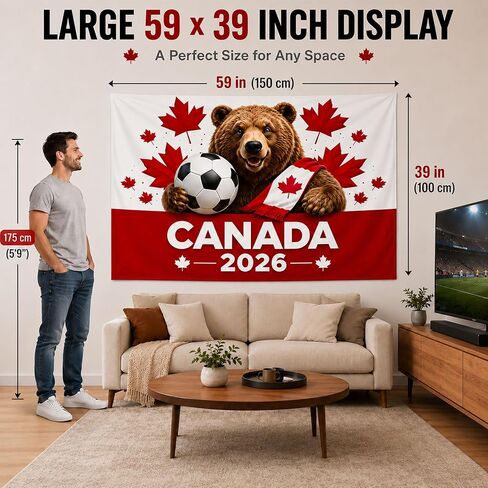 Canada 2026 Soccer Tapestry,World Cup Football Party Decor,Photo Backdrop | 59 x 39 Inch , Maple Leaf Bear Backdrop with Hanging Kit for Watch Parties, Family Rooms, Game Rooms and Fan Photos in Kuwait