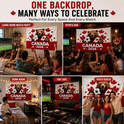 Canada 2026 Soccer Tapestry,World Cup Football Party Decor,Photo Backdrop | 59 x 39 Inch , Maple Leaf Bear Backdrop with Hanging Kit for Watch Parties, Family Rooms, Game Rooms and Fan Photos in Kuwait