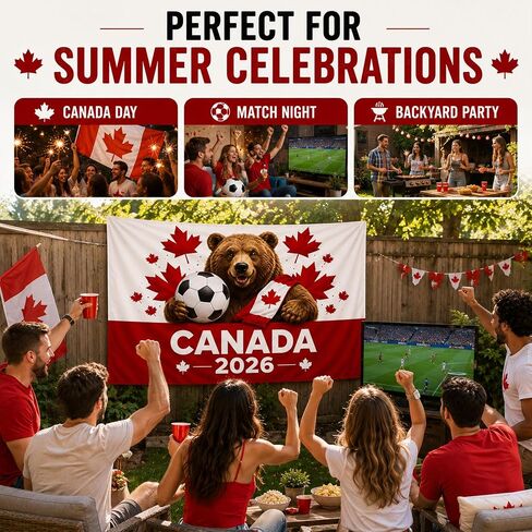 Canada 2026 Soccer Tapestry,World Cup Football Party Decor,Photo Backdrop | 59 x 39 Inch , Maple Leaf Bear Backdrop with Hanging Kit for Watch Parties, Family Rooms, Game Rooms and Fan Photos in Kuwait