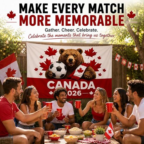 Canada 2026 Soccer Tapestry,World Cup Football Party Decor,Photo Backdrop | 59 x 39 Inch , Maple Leaf Bear Backdrop with Hanging Kit for Watch Parties, Family Rooms, Game Rooms and Fan Photos in Kuwait