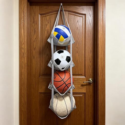 4-Tier Ball Storage Rack, Wall Mount Basketball Holder, Hanging Mesh Rack for Soccer, Basketball, Helmets and Sneakers, Space Saving Sports Equipment Storage for Garage, Home and Basement, Gray in Kuwait