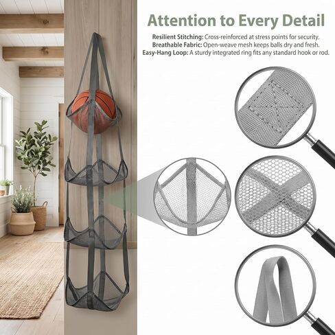 4-Tier Ball Storage Rack, Wall Mount Basketball Holder, Hanging Mesh Rack for Soccer, Basketball, Helmets and Sneakers, Space Saving Sports Equipment Storage for Garage, Home and Basement, Gray in Kuwait