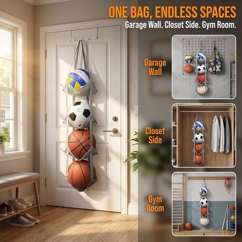 4-Tier Ball Storage Rack, Wall Mount Basketball Holder, Hanging Mesh Rack for Soccer, Basketball, Helmets and Sneakers, Space Saving Sports Equipment Storage for Garage, Home and Basement, Gray in Kuwait
