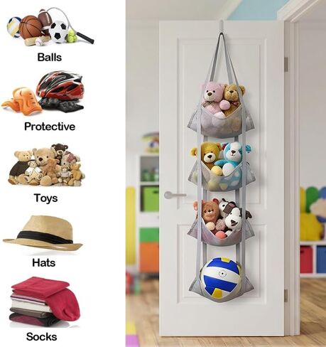 4-Tier Ball Storage Rack, Wall Mount Basketball Holder, Hanging Mesh Rack for Soccer, Basketball, Helmets and Sneakers, Space Saving Sports Equipment Storage for Garage, Home and Basement, Gray in Kuwait