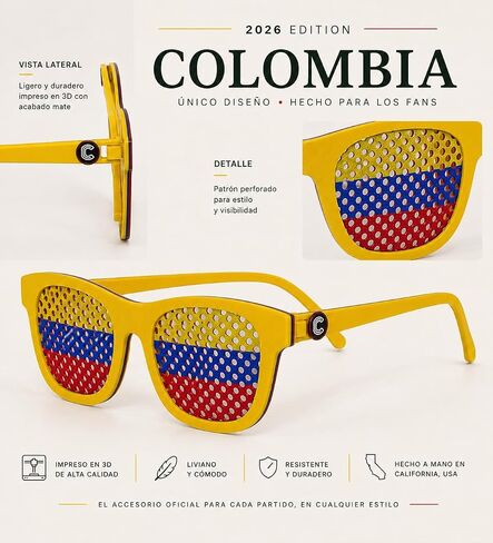 Colombia Fan Sunglasses 2026 – Lightweight 3D Printed Glasses for Soccer Games – Handmade in California (Colombia) in Kuwait