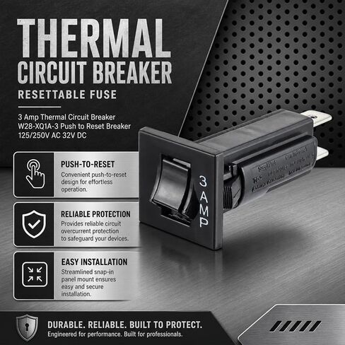 2-Pack 3A Thermal Circuit Breaker, W28-XQ1A-3 Push to Reset Breaker, 125/250VAC 32VDC, Snap-in Panel Mount Overload Protector Switch with Quick Connect Terminals for Marine, Automotive in Kuwait