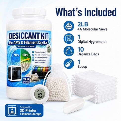 4A Molecular Sieve Desiccant for 3D Printer Filament, 2LB 3D Printer Desiccant Beads Kit with Digital Hygrometer, 10 Organza Bags & Scoop, Reusable Desiccant for Bambu Lab AMS, Filament Dry Storage in Kuwait