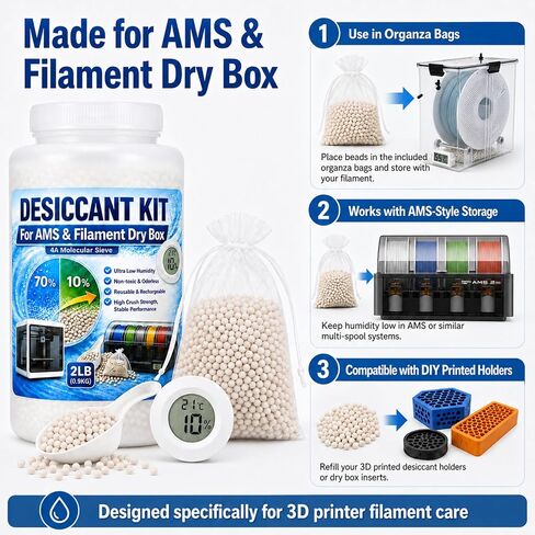 4A Molecular Sieve Desiccant for 3D Printer Filament, 2LB 3D Printer Desiccant Beads Kit with Digital Hygrometer, 10 Organza Bags & Scoop, Reusable Desiccant for Bambu Lab AMS, Filament Dry Storage in Kuwait