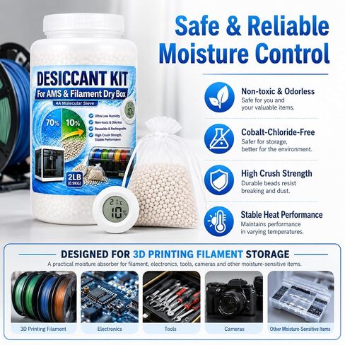 4A Molecular Sieve Desiccant for 3D Printer Filament, 2LB 3D Printer Desiccant Beads Kit with Digital Hygrometer, 10 Organza Bags & Scoop, Reusable Desiccant for Bambu Lab AMS, Filament Dry Storage in Kuwait