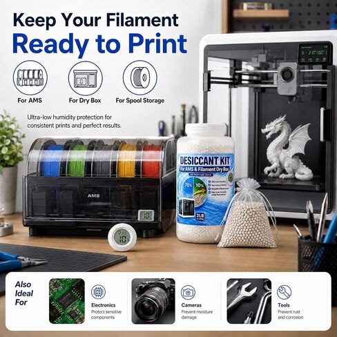 4A Molecular Sieve Desiccant for 3D Printer Filament, 2LB 3D Printer Desiccant Beads Kit with Digital Hygrometer, 10 Organza Bags & Scoop, Reusable Desiccant for Bambu Lab AMS, Filament Dry Storage in Kuwait