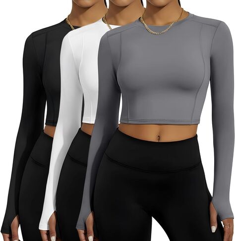3 Pack Women's Workout Shirts Compression Long Sleeve Crop Tops Crew Neck Yoga Gym Athletic Fitted Crop T-Shirts in Saudi Arabia