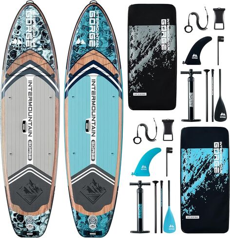 11'x34 Ultra-Wide SUP 2-Board Bundle – 420lb Capacity Each, All-Accessory Kit, 100L Backpack (Woodgrain Blue&Gray) in Kuwait