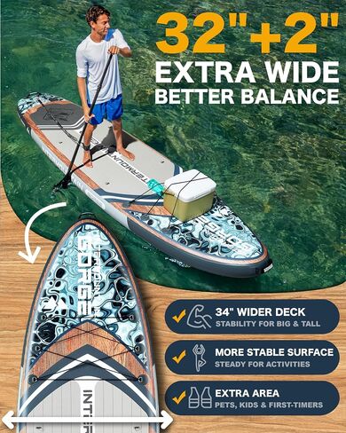 11'x34 Ultra-Wide SUP 2-Board Bundle – 420lb Capacity Each, All-Accessory Kit, 100L Backpack (Woodgrain Blue&Gray) in Kuwait
