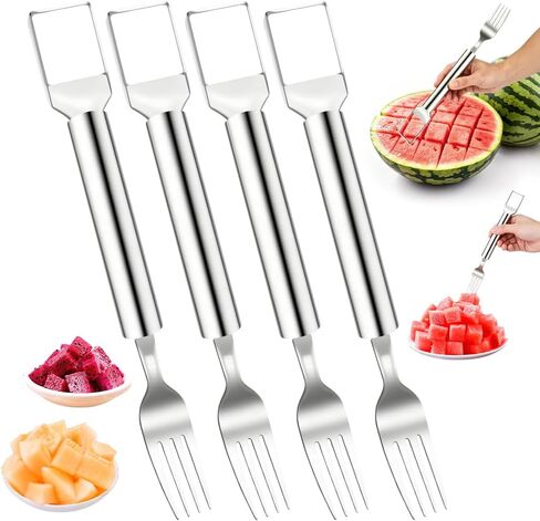 Watermelon Slicer 4pcs 2-in-1 Foldable Stainless Steel Fruit Cutter & Fork, Suitable For Watermelon, Mango,Pineapple, And Other Fruits That Need To Be Cut Into Chunks in Kuwait