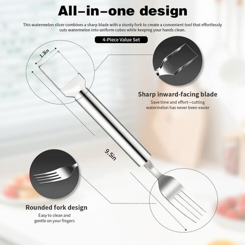 Watermelon Slicer 4pcs 2-in-1 Foldable Stainless Steel Fruit Cutter & Fork, Suitable For Watermelon, Mango,Pineapple, And Other Fruits That Need To Be Cut Into Chunks in Kuwait