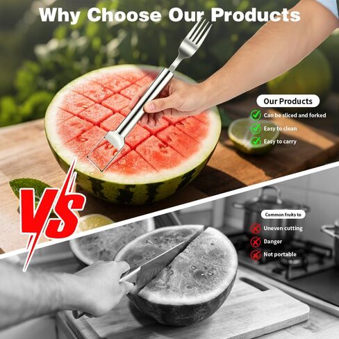 Watermelon Slicer 4pcs 2-in-1 Foldable Stainless Steel Fruit Cutter & Fork, Suitable For Watermelon, Mango,Pineapple, And Other Fruits That Need To Be Cut Into Chunks in Kuwait