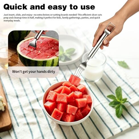 Watermelon Slicer 4pcs 2-in-1 Foldable Stainless Steel Fruit Cutter & Fork, Suitable For Watermelon, Mango,Pineapple, And Other Fruits That Need To Be Cut Into Chunks in Kuwait