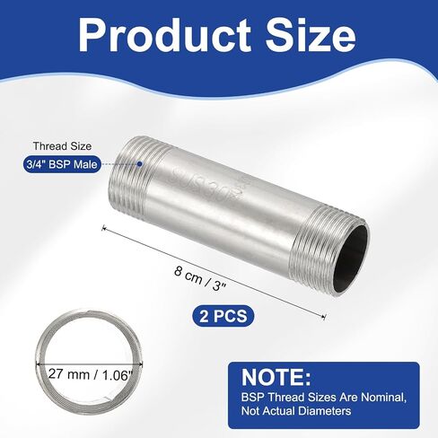 PATIKIL 304 Stainless Steel Pipe Fitting, 2 Pack 3/4" BSP Male x 3/4" BSP Male Threaded 3" Length Nipple Cast Pipe for Extending Piping, Silver in Kuwait