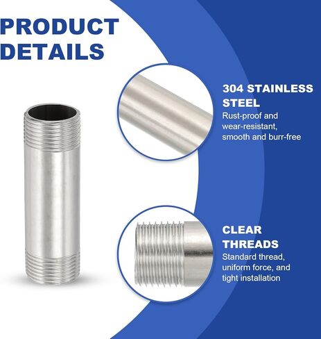 PATIKIL 304 Stainless Steel Pipe Fitting, 2 Pack 3/4" BSP Male x 3/4" BSP Male Threaded 3" Length Nipple Cast Pipe for Extending Piping, Silver in Kuwait