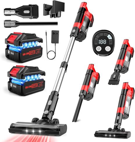 700W Cordless Vacuum Cleaner, 2×4000mAh Brushless Vacuum Cleaners for Home, 6 in 1 Lightweight Stick Vacuum 60kPa, 3 Suction, Portable Handheld Cordless Vacuum for Pet Hair/Hardwood Floor/Dorm Red in Saudi Arabia
