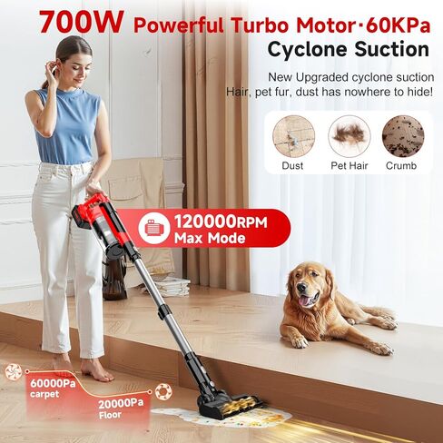 700W Cordless Vacuum Cleaner, 2×4000mAh Brushless Vacuum Cleaners for Home, 6 in 1 Lightweight Stick Vacuum 60kPa, 3 Suction, Portable Handheld Cordless Vacuum for Pet Hair/Hardwood Floor/Dorm Red in Saudi Arabia