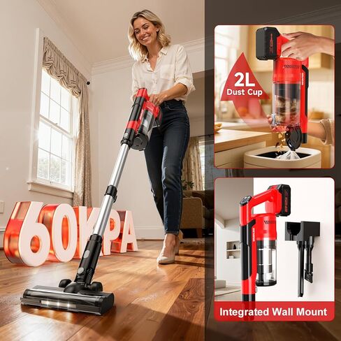 700W Cordless Vacuum Cleaner, 2×4000mAh Brushless Vacuum Cleaners for Home, 6 in 1 Lightweight Stick Vacuum 60kPa, 3 Suction, Portable Handheld Cordless Vacuum for Pet Hair/Hardwood Floor/Dorm Red in Saudi Arabia