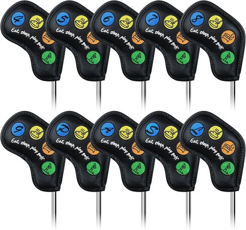 Craftsman Golf 10pcs Funny Eat Sleep Golf Magnetic Closure Classic Black Synthetic Leather Iron Headcover Covers Set Travel Cases Protector in Kuwait