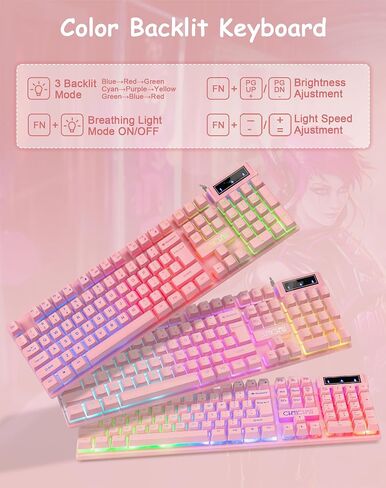 Light Up Cute Pink Gaming Keyboard, 104 Keys Full Size, Number Pad, 19 Keys Anti-Ghosting, Multimedia Function Keys, 3 Colors LED Backlit, USB Wired Creamy Keyboard for PC, Computer, Desktop, Laptop in Saudi Arabia