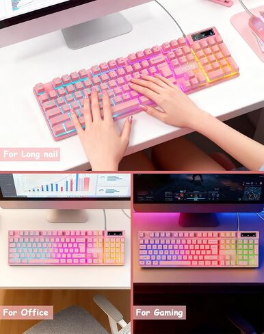 Light Up Cute Pink Gaming Keyboard, 104 Keys Full Size, Number Pad, 19 Keys Anti-Ghosting, Multimedia Function Keys, 3 Colors LED Backlit, USB Wired Creamy Keyboard for PC, Computer, Desktop, Laptop in Saudi Arabia