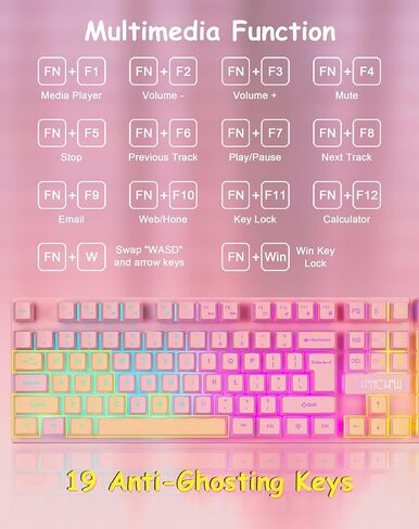 Light Up Cute Pink Gaming Keyboard, 104 Keys Full Size, Number Pad, 19 Keys Anti-Ghosting, Multimedia Function Keys, 3 Colors LED Backlit, USB Wired Creamy Keyboard for PC, Computer, Desktop, Laptop in Saudi Arabia
