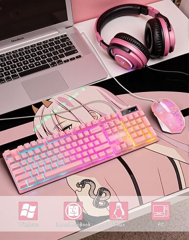 Light Up Cute Pink Gaming Keyboard, 104 Keys Full Size, Number Pad, 19 Keys Anti-Ghosting, Multimedia Function Keys, 3 Colors LED Backlit, USB Wired Creamy Keyboard for PC, Computer, Desktop, Laptop in Saudi Arabia